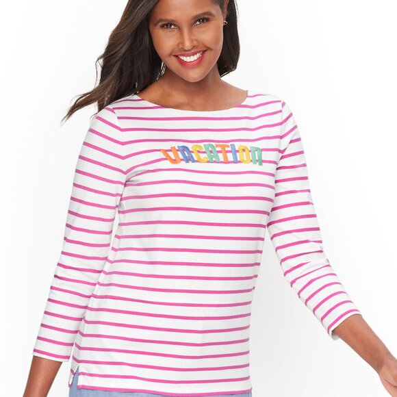 Talbots Vacation Shirt Pink White Stripe Colorful Cruise Overseas Med - Picture 4 of 16